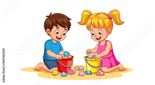 Two happy kids playing with seashells and buckets on a sandy beach in a fun illustration