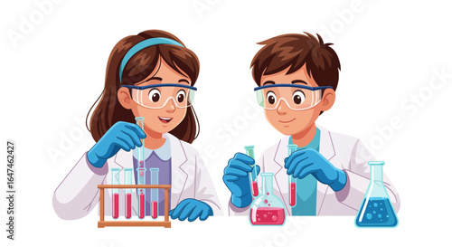 Young scientists conducting experiments in a laboratory setting with test tubes and beakers.