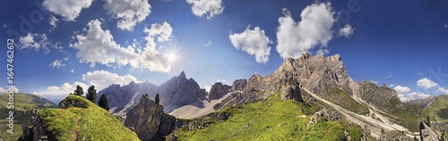 360° panoramic view of the Dolomites high route near Wasserscharte gorge, Puez Mountains and Geisler Mountains at the back, Puez-Geisler Nature Park, province of Bolzano-Bozen, Italy, Europe