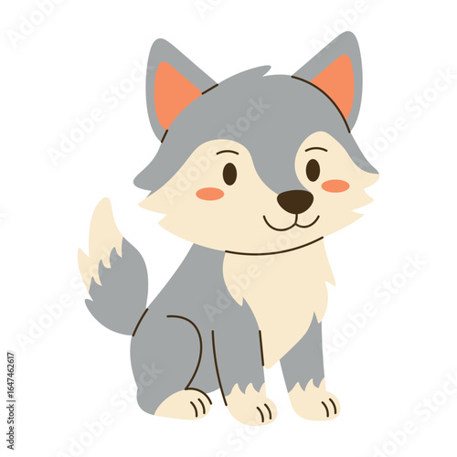 Cute cartoon wolf illustration with gray fur and orange cheeks, perfect for children's books, wildlife education, and playful animal designs.