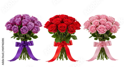 Fototapeta Naklejka Na Ścianę i Meble -  Collection of bouquet of red roses, violet roses and pink rose isolated on white or transparent background