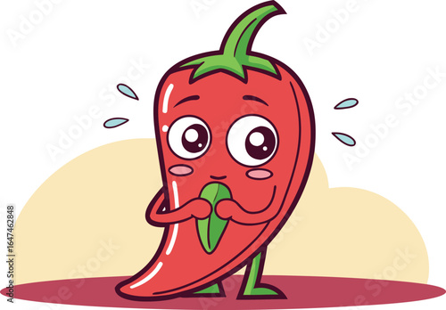 Cartoon red chili pepper looking shy and a little nervous vector illustration