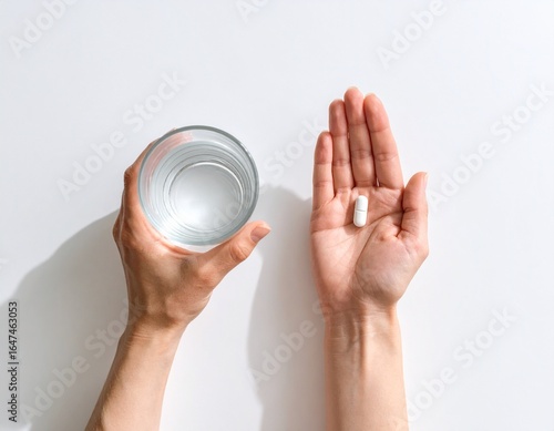 Top View of Hands Holding White Pill and Glass of Water