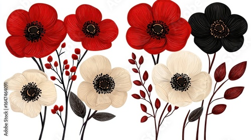 Red Black Poppies Cream Anemones Watercolor Floral Illustration