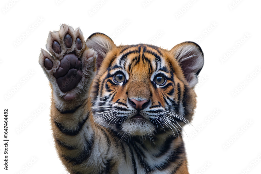 Fototapeta premium Adorable tiger cub waving with a curious expression on its face.