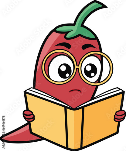 Cartoon chili pepper reading a book with scholarly glasses vector illustration
