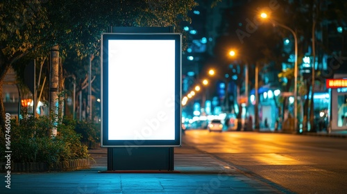 Blank street billboard standing along a major road in Thailand, surrounded by vibrant evening city lights, digital advertising mockup space