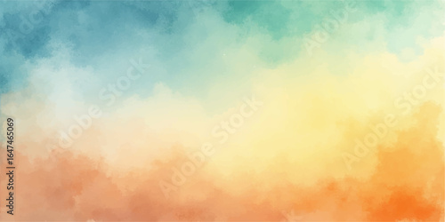 Abstract watercolor and grunge background with clouds and vibrant orange sunset sky