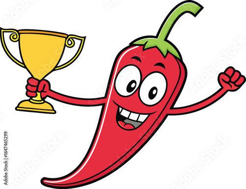 Cartoon red chili pepper celebrating win with golden shiny trophy, vector illustration
