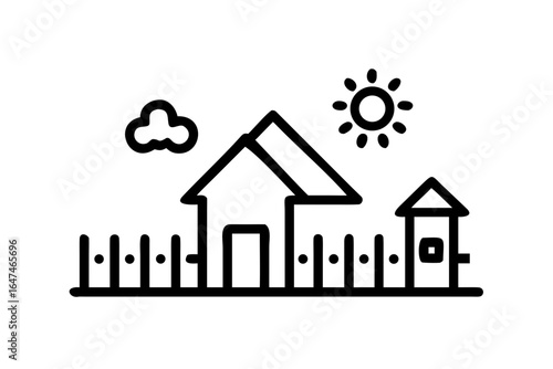 Silhouette of a Cozy Countryside House with Chimney and Picket Fence home rural