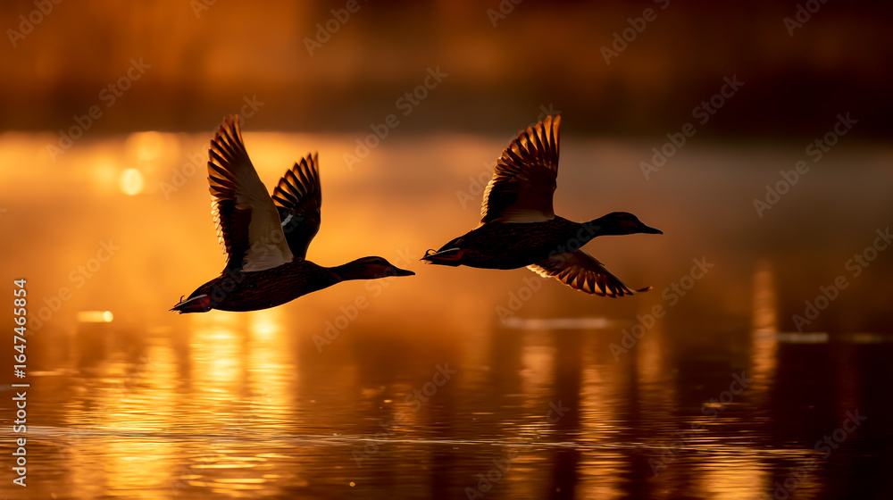 Fototapeta premium two wild ducks flying over the water at sunset