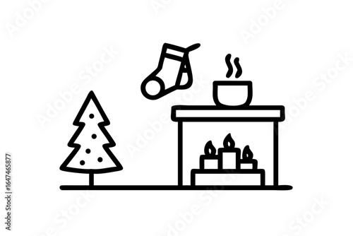 Silhouette of a traditional Christmas tree beside a cozy fireplace with a mantelpiece holiday winter