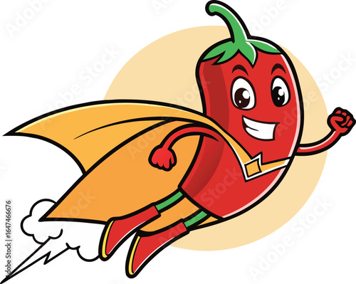 Happy cartoon red chili pepper superhero character with yellow cape, vector illustration
