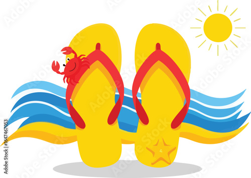 Yellow flip-flops on a beach scene with a crab and starfish, sunny day.