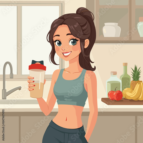 Fit woman holding shaker bottle in modern kitchen with healthy snacks  