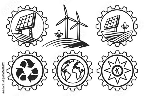 Renewable energy icons in gears and circles