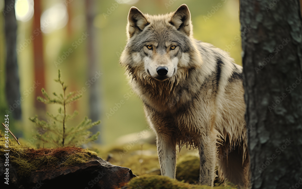 Obraz premium A gray wolf is prominently featured in a lush forest environment. The animal gazes directly at the viewer, showcasing its striking fur and keen eyes. Surrounding it are tall trees