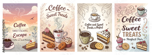 Charming coffee-themed illustrations showcasing sweet treats and cozy vibes.