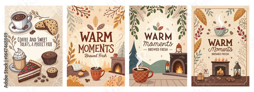 Cozy illustrations of coffee and treats evoke warmth and comfort in a delightful setting.