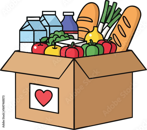 A cardboard box overflowing with fresh groceries, including bread, milk, vegetables, and fruit, features a heart symbol, suggesting donation or charity.
