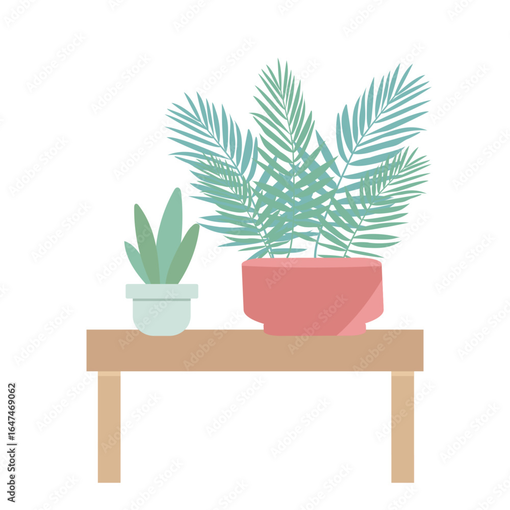 Fototapeta premium House plants on table in modern interior with furniture and natural light