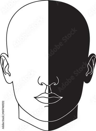 Vector icon symbol: Black and white face sign, duality concept, minimalist style.