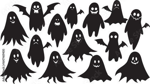 Collection of Spooky Black Ghost Silhouettes for Halloween Themed Designs and Crafts