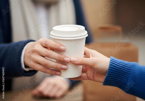 A person is handing a coffee cup to another person in a friendly exchange