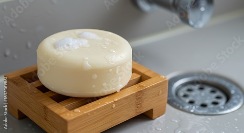 Mockup round white soap bar with lather on a wooden soap dish by a sink