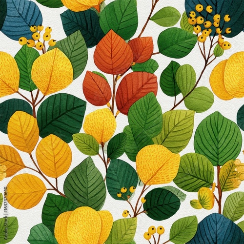 Seamless Pattern with Multicolored Leaves, Berries and Twigs in Autumnal Tones