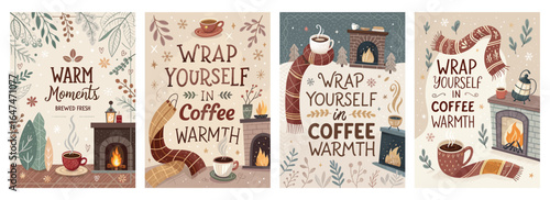 Cozy illustrations celebrating warmth, coffee, and comfort during the chilly season.