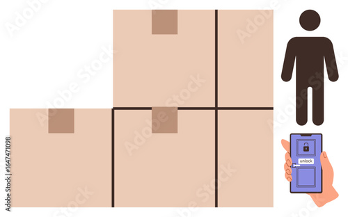 Four stacked cardboard boxes, person icon, and hand holding a smartphone with an unlock screen. Ideal for delivery services, logistics, smart technology, home security, e-commerce, innovation