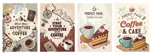 A cozy collection of coffee-themed illustrations celebrating adventures and delicious pairings with cake.