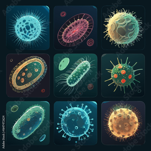 Microscopic view of colorful microorganisms and bacteria on dark background  