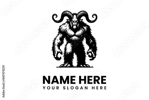 Furry horned monster with menacing glare and clawed hands in black and white.