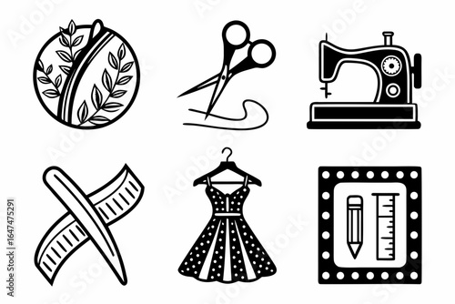 Sewing and tailoring icons isolated on white