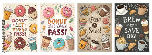 Colorful illustrations of donuts and coffee cups with playful phrases appealing to dessert lovers.