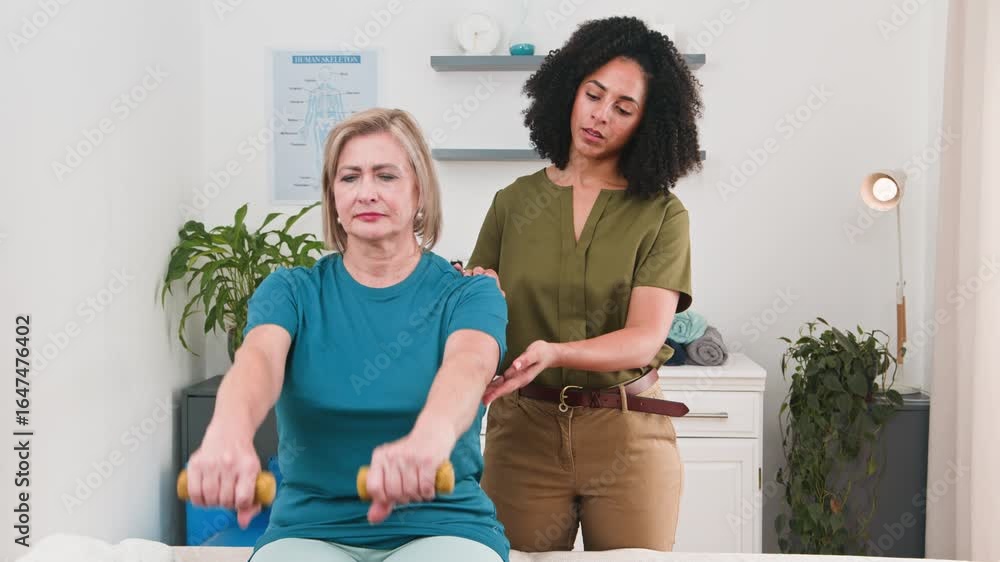 Black Woman Physiotherapist Guides Senior Patient Through Arm Exercises for Rehabilitation and Strength Building Black Woman Physiotherapist Guides Senior Patient Through Arm Exercises for Rehabilitation and Strength Building