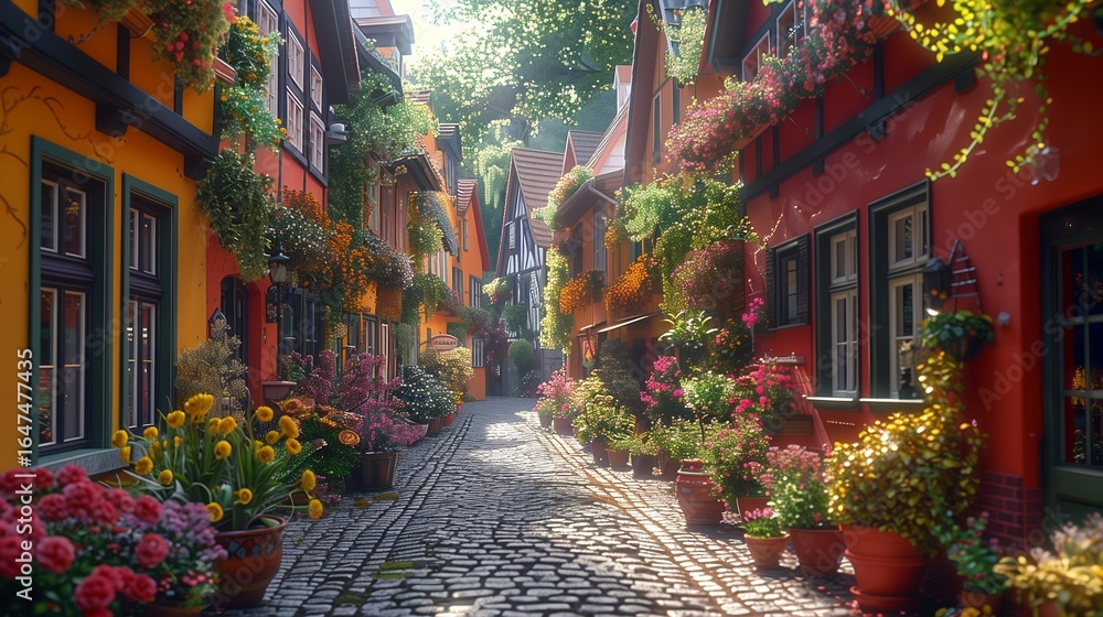 Fototapeta premium Charming European street lined with vibrant flowers and colorful buildings, travel inspiration