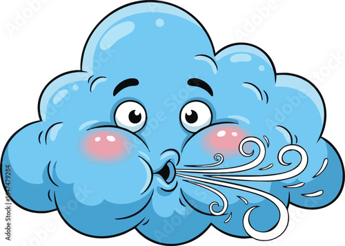 A cartoon cloud with a face, blowing wind, showing a surprised expression.