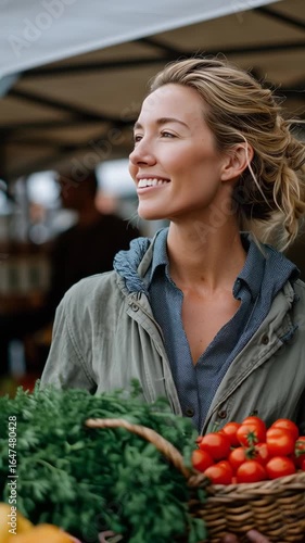 Cheerful woman selects fresh vegetables at outdoor market while enjoying local produce