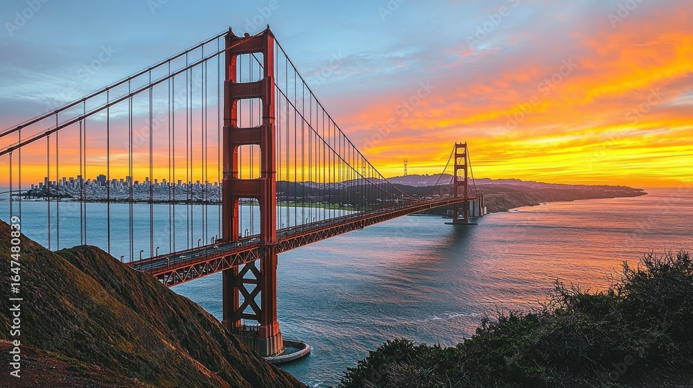 Fototapeta premium Golden Gate Bridge silhouette sunset dramatic sky Art Deco towers suspension cables San Francisco Bay warm colors evening light Pacific Ocean