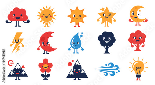 Adorable cartoon natural elements and weather icons with expressive faces illustration set