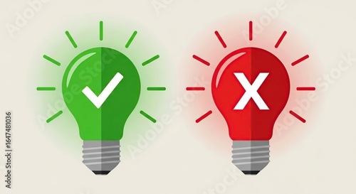 Idea of Choice: The luminous glow of a green light bulb with a checkmark suggests positive decisions and ideas, juxtaposed with a red light bulb with an X represents a negative decision.