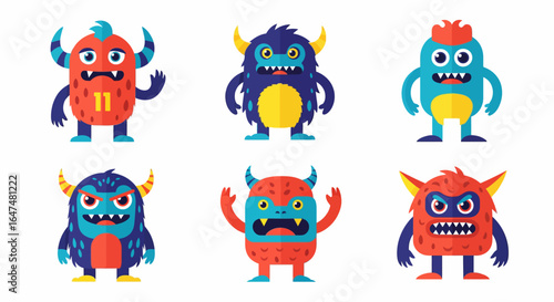 Colorful cartoon monster character set with diverse features and friendly expressions on white background
