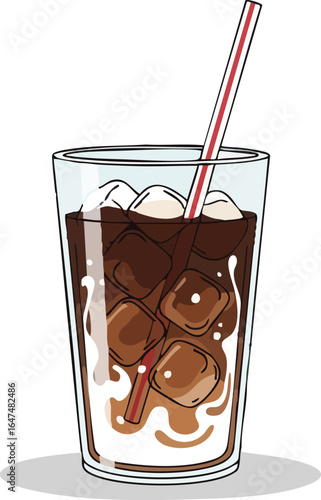 A glass of iced coffee drink with a red straw and ice cubes.