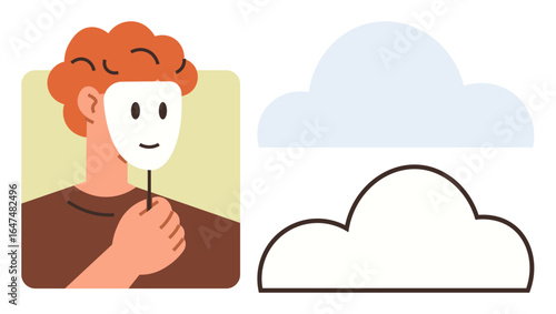 Individual holding a facial mask, symbolizing identity or hidden truths. Beside them, overlapping clouds signify thoughts or feelings. Ideal for psychology, authenticity, introspection, mental