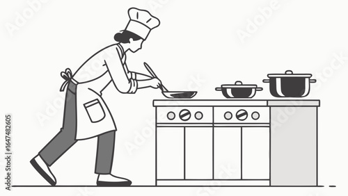 Chef cooking in a kitchen with pots on the stove and wearing a chef's hat and apron in a line drawing