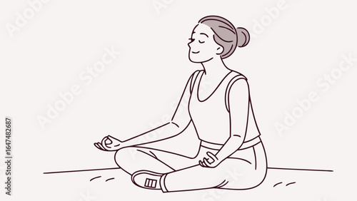 Woman meditating in lotus position wearing tank top and pants in a simple line drawing style illustration