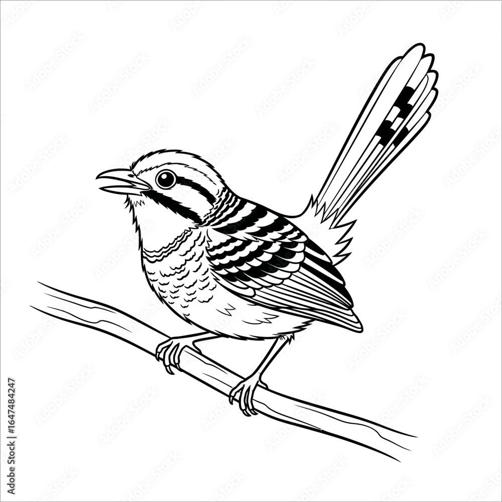 Fototapeta premium Perched Bird Illustration: A detailed monochrome illustration of a small bird perches gracefully on a slender branch. This striking image captures the delicate features of the bird.